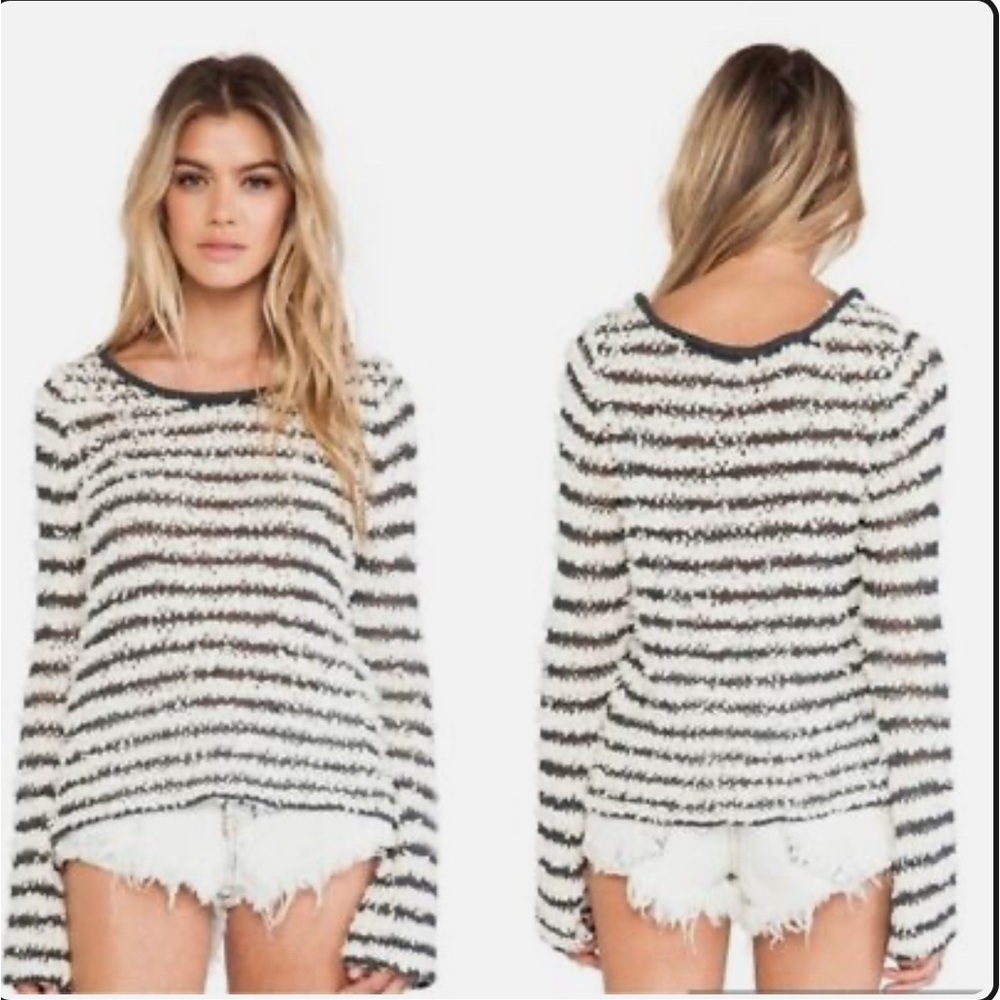 Free People Sweater Downy Stripe Pullover Bell Sleeve Ivory Combo Boho fuzzy XS